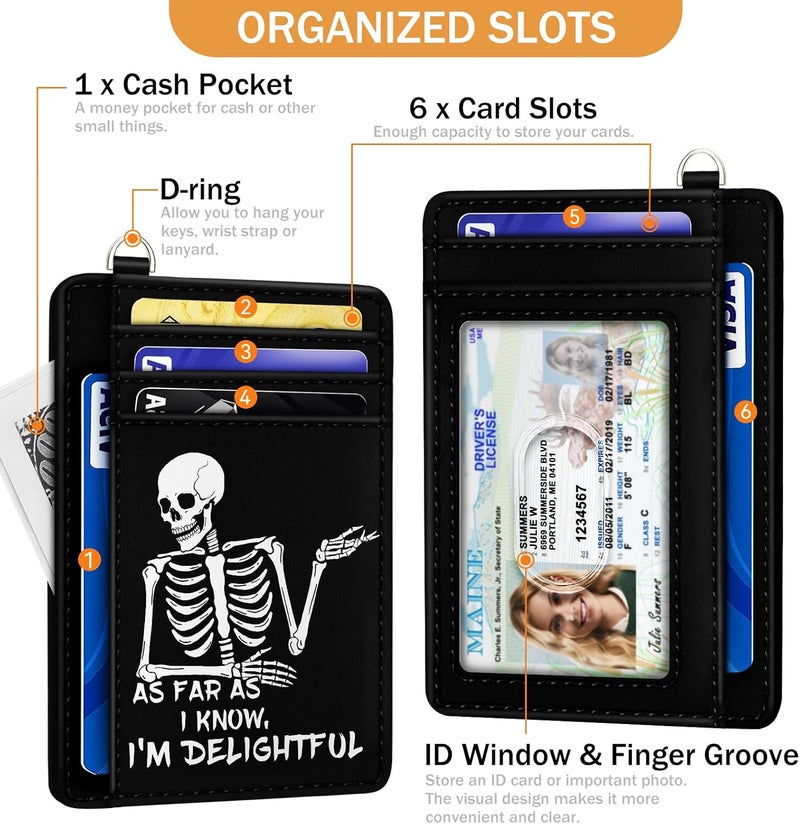 Yonlevres Skeleton Skull Credit Card Holder Slim Wallet, Funny Gothic RFID Wallet Women Front Pocket Small Card Holder, Goth Halloween Card Case ID Window PU Leather RFID Blocking Card Organizer Gifts - Image 4